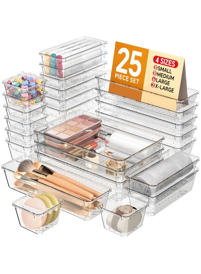 LODROC 25 PCS Plastic Drawer Organizers Set, 4 Sizes Vanity Organizer, Makeup and Desk Drawer Organizer Trays, Organization and Storage for Makeup Jewelry Office Kitchen Gadgets (Clear) - Image 1
